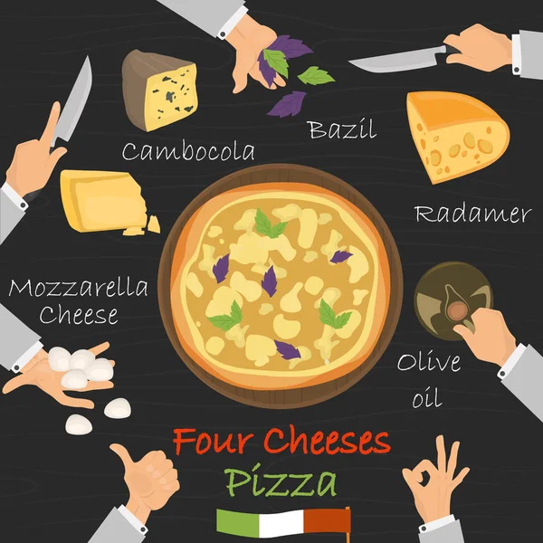 Cuatro quesos receta constructor de pizza sobre fondo de madera negra — Vector de stock