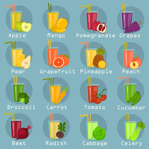 Conjunto de diferentes frutas e legumes conjunto de ícones planos de cor —  Vetores de Stock