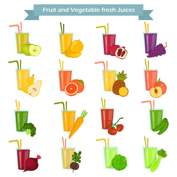 Conjunto de diferentes frutas y verduras de color conjunto de iconos planos — Archivo Imágenes Vectoriales