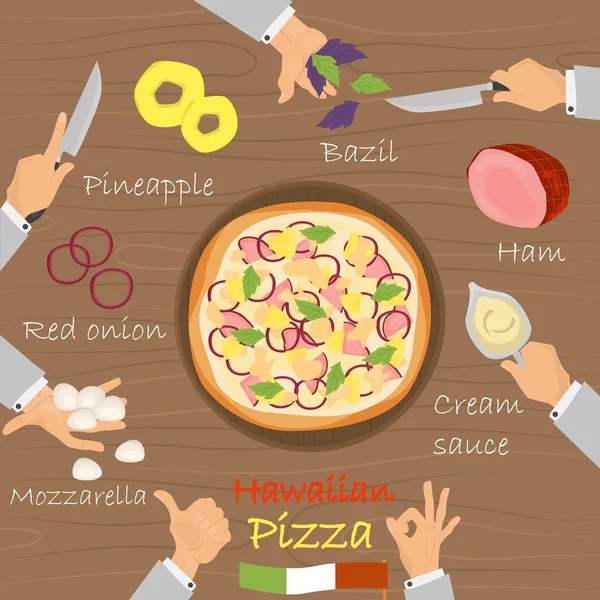 Constructor de pizza de receta hawaiana sobre fondo de madera de broun — Vector de stock