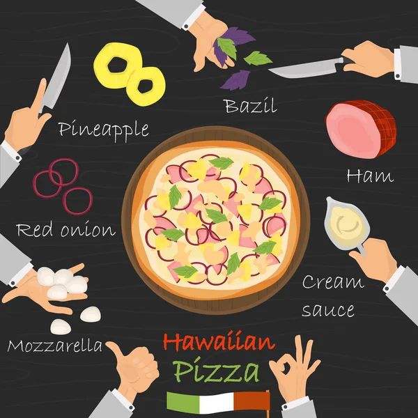 Constructor de pizza de receta hawaiana sobre fondo de madera negra — Vector de stock