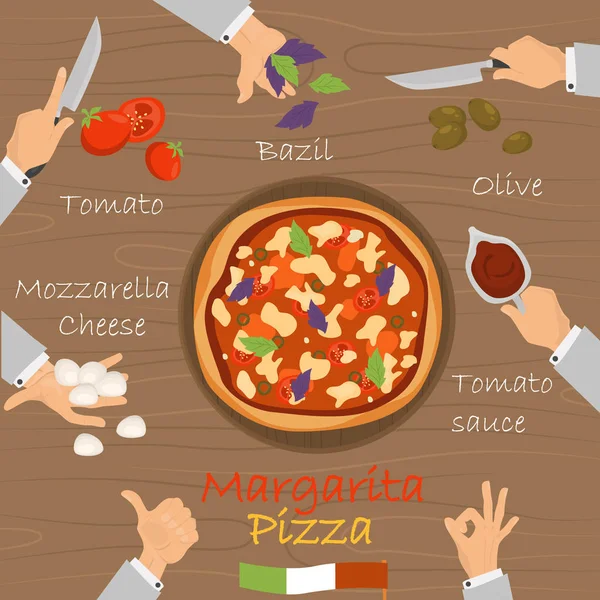 Constructor de pizza receta Margarita sobre fondo de madera broun — Vector de stock