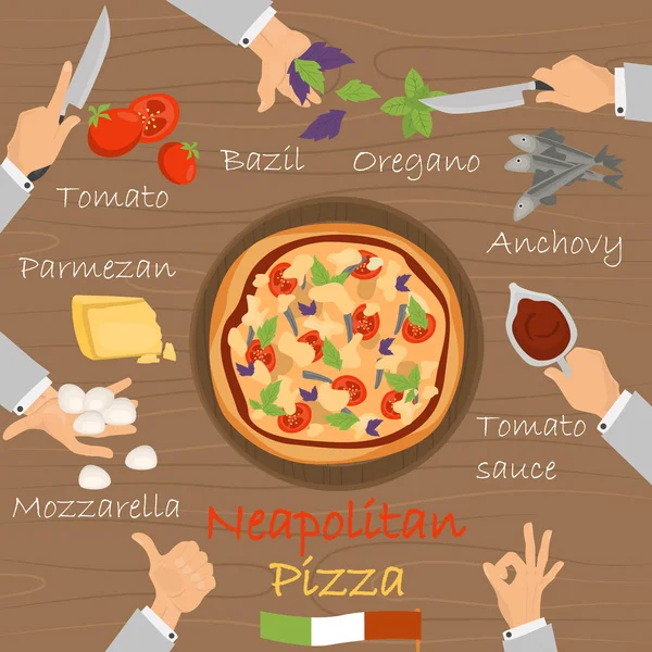 Constructor de pizza de receta napolitana sobre fondo de madera de broun — Vector de stock