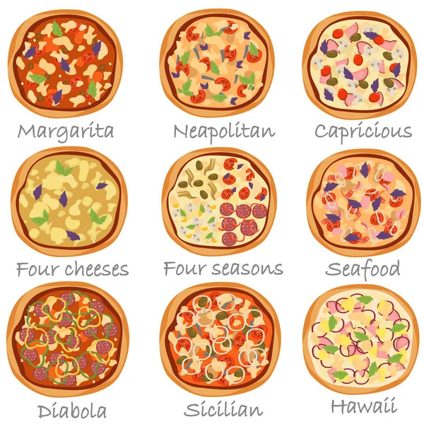 Uppsättning av olika pizza färg platt ikoner på vit bakgrund — Stock vektor