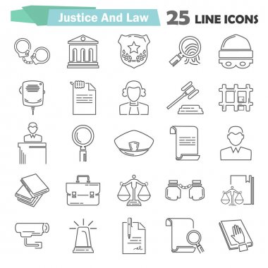Web ve mobil tasarım için basit Evrensel satır adalet ve hukuk düz simgeler kümesi