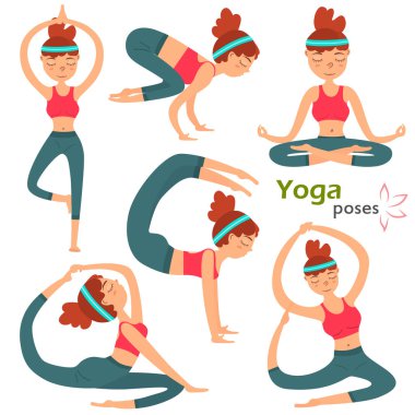 Farklı yoga poz renk illüstrasyon küme üzerinde beyaz izole Yuong sevimli kız