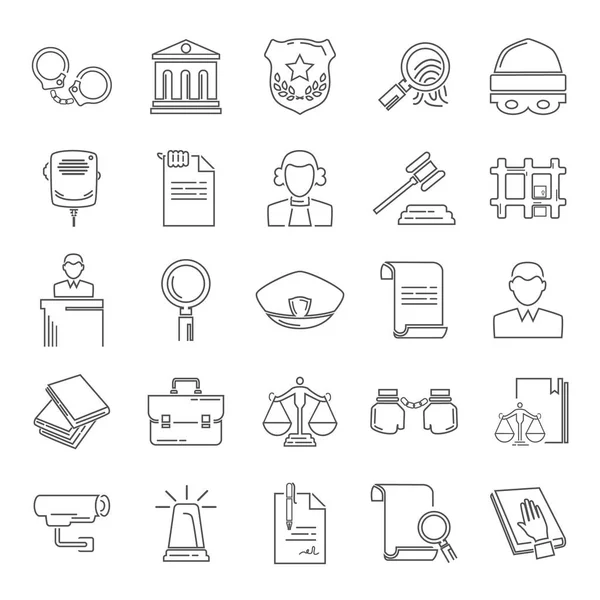 Serie di semplici icone piatte della giustizia e della legge della linea universale per il web e la progettazione mobile — Vettoriale Stock