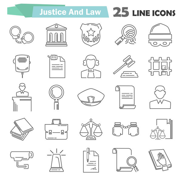 Set of simple universal line justice and law flat icons for web and mobile design