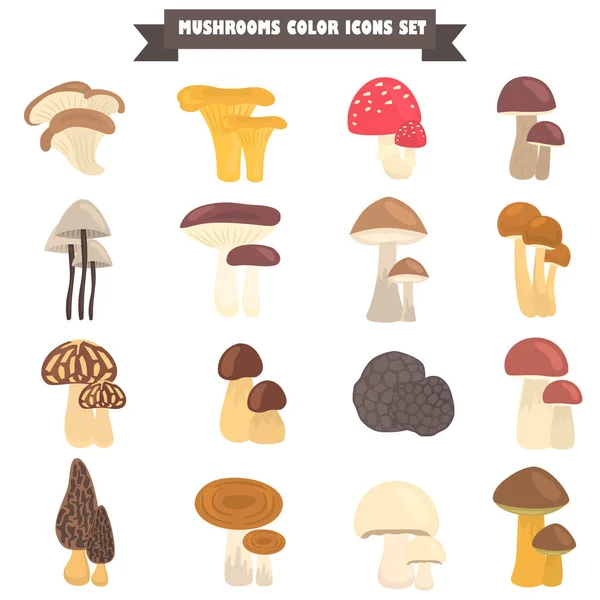 Set van eetbare en giftige paddestoelen kleur plat pictogrammen — Stockvector