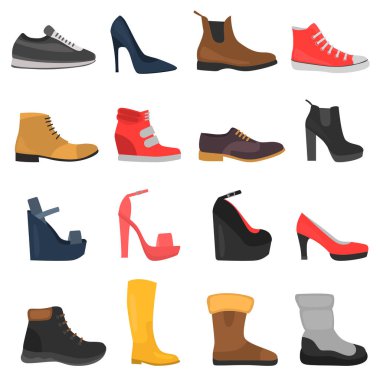 Farklı kadın ve erkek ayakkabı rengi düz simgeler kümesi