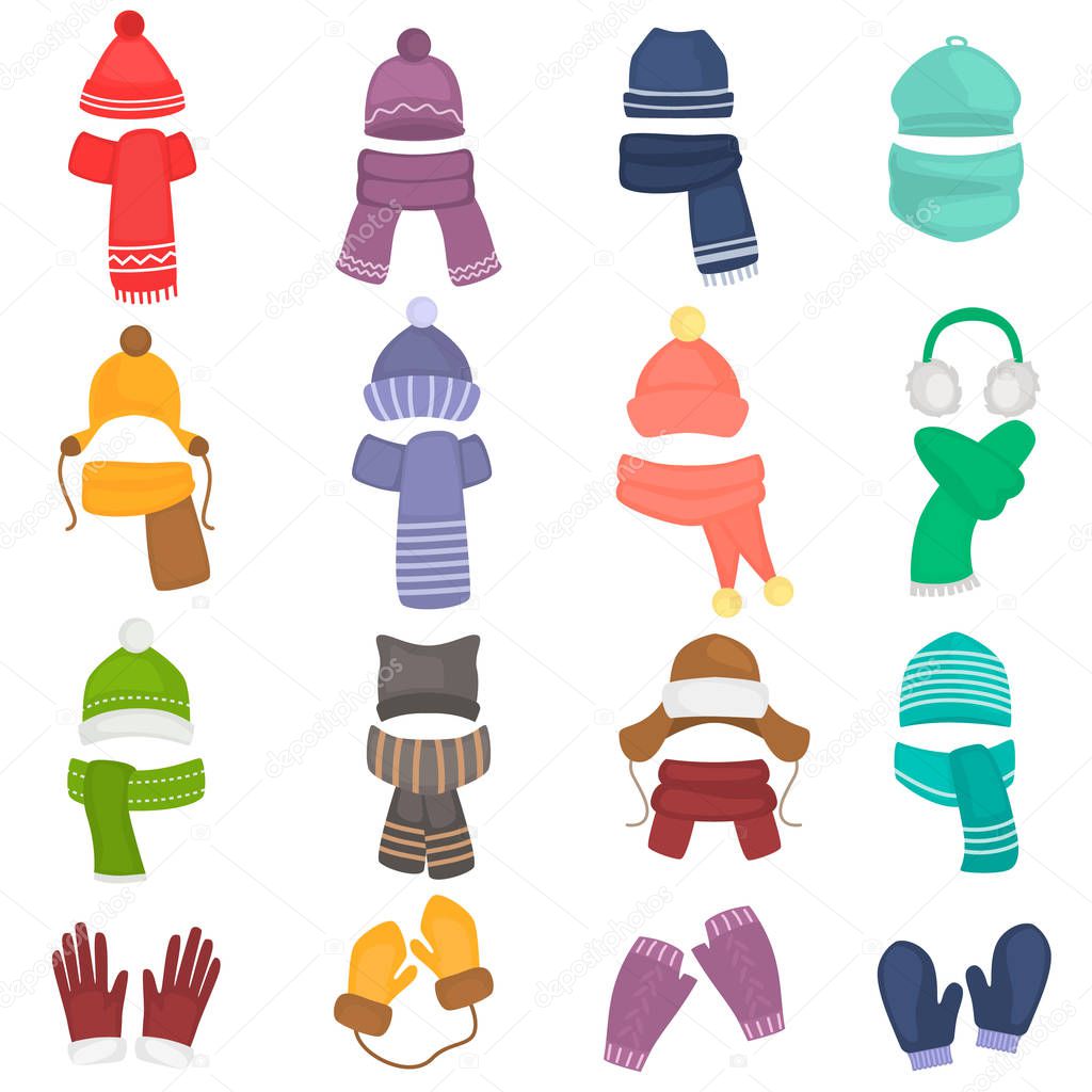Set of winter hats and scarfs color flat icons