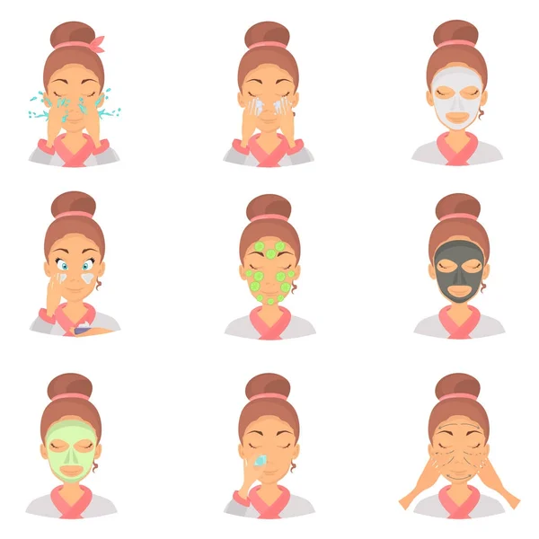 Set di icone piatte a colori per la cura del viso per web e design mobile — Vettoriale Stock