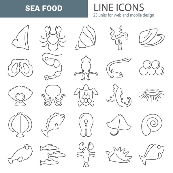 Moře potravin řádek ikon nastavení pro web a mobilní design — Stockový vektor