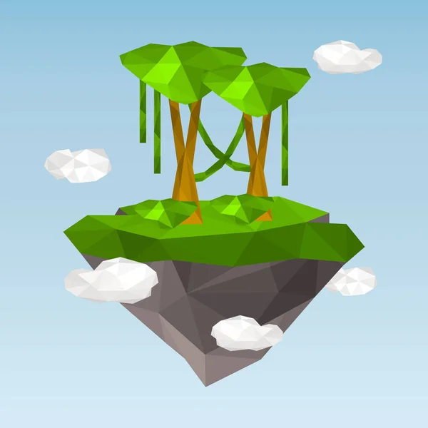 Isla flotante con selva en la ilustración de color de estilo polígono — Vector de stock