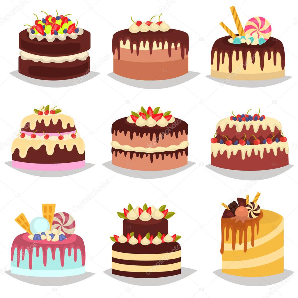 Colorful appetizing cakes with cream and decorations color icons set
