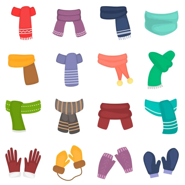 Зимові шарфи та рукавички кольорові значки, встановлені для веб- та мобільного дизайну — стоковий вектор