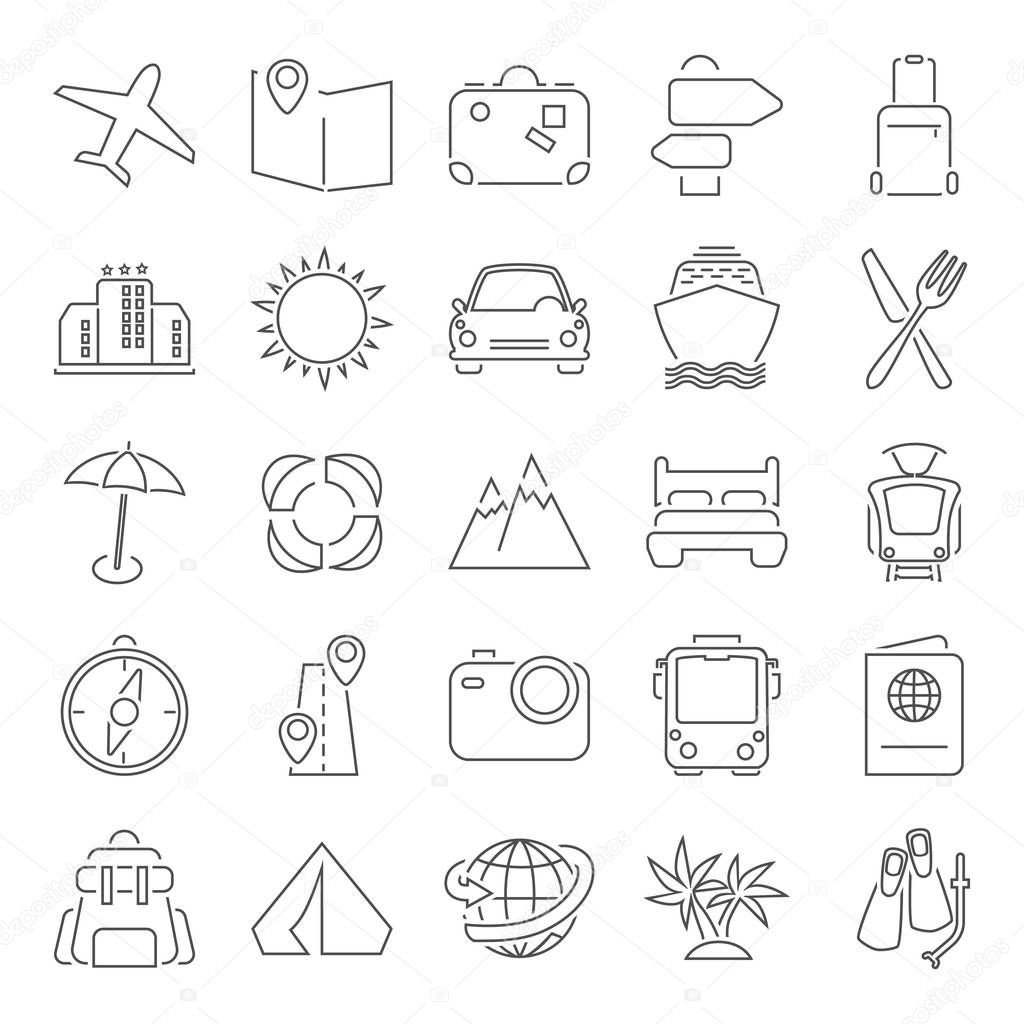 Travel and vacation line thin icons set for web and mobile design