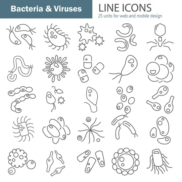 Icone della linea di virus e batteri impostate per la progettazione web e mobile — Vettoriale Stock
