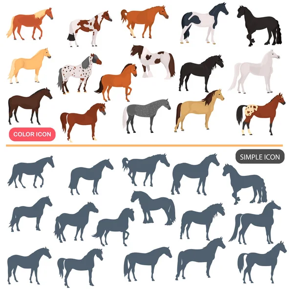 Paardenrassen kleur plat pictogrammen set. Paard zwart silhouet eenvoudige pictogrammen instellen — Stockvector