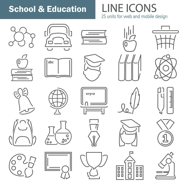 Conjunto de iconos de línea de escuela y educación para diseño web y móvil — Vector de stock