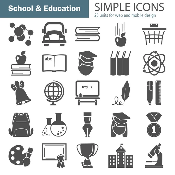 웹 및 모바일 디자인을 위한 학교 및 교육 간단한 아이콘 설정 — 스톡 벡터