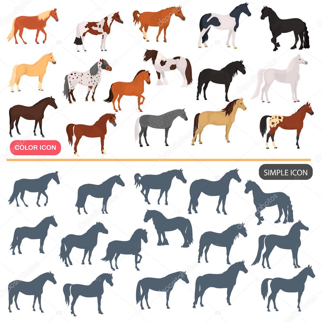 Horse breeds color flat icons set. Horse black silhoutte simple icons set