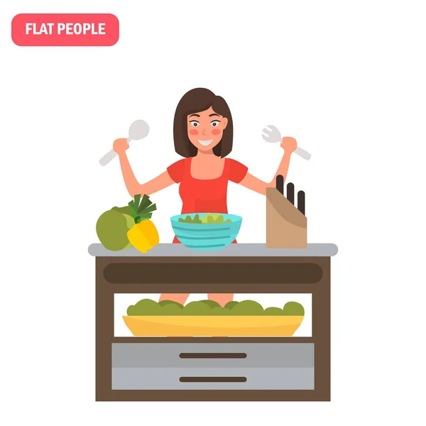 Femme au foyer prépare une illustration plate de couleur salade de légumes — Image vectorielle