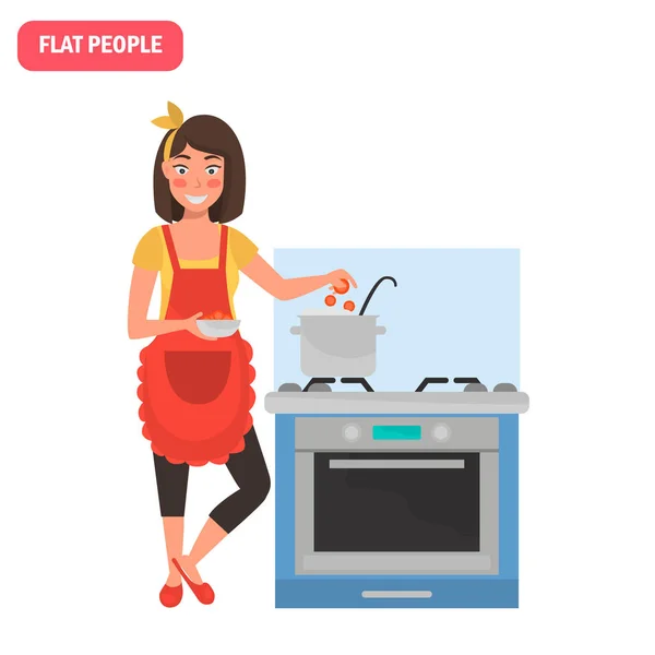 Ama de casa cocina sopa en la estufa ilustración plana de color — Archivo Imágenes Vectoriales