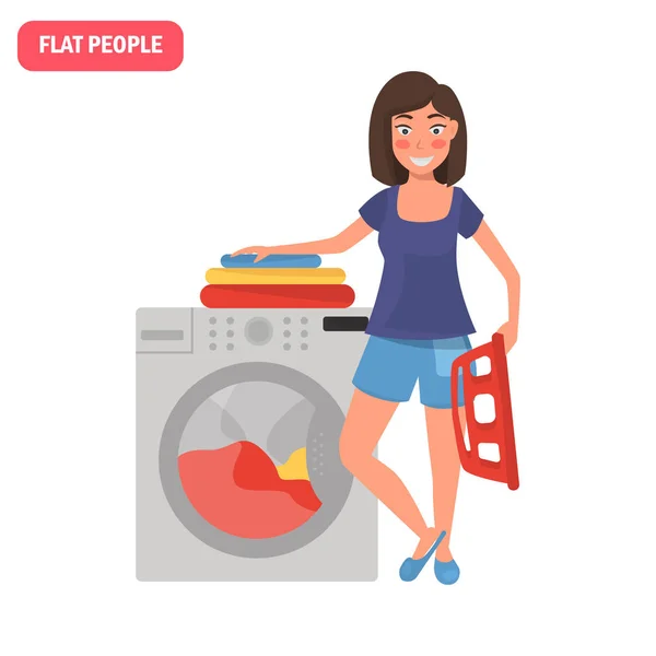 Femme au foyer lave les vêtements couleur plat illustration — Image vectorielle