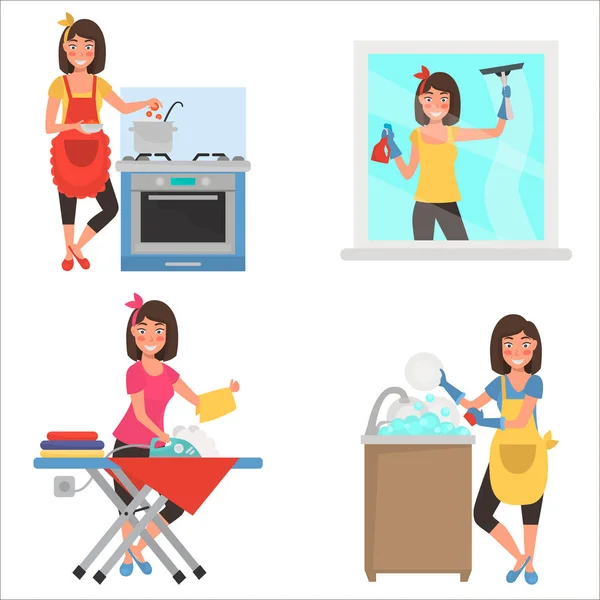 Housework at home color flat illustration set — Stock Vector