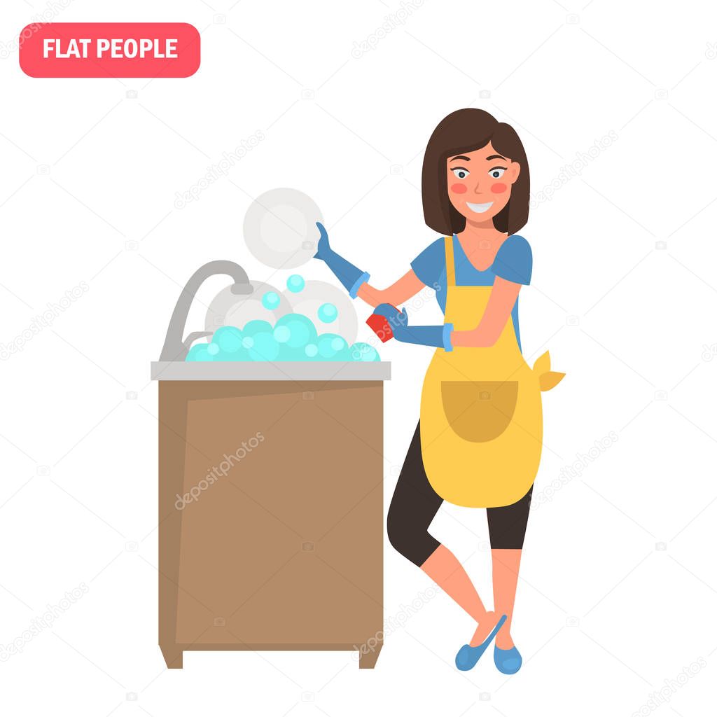 Housewife washes the plates color flat illustration