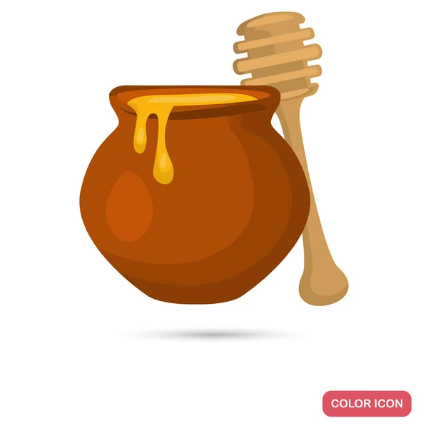 Kruka med honung och träsked färg platta ikon — Stock vektor