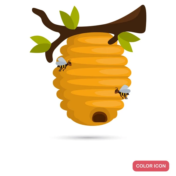 Wild bee hive hang at tree color flat icon — Stock Vector