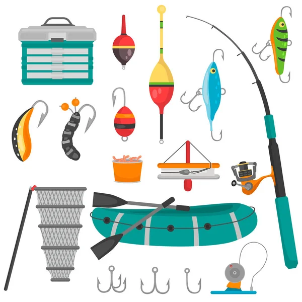 Equipo de pesca diferente color iconos planos conjunto — Vector de stock