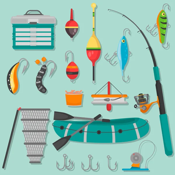 Differeent fishing equipment color flat icons set — Stock Vector