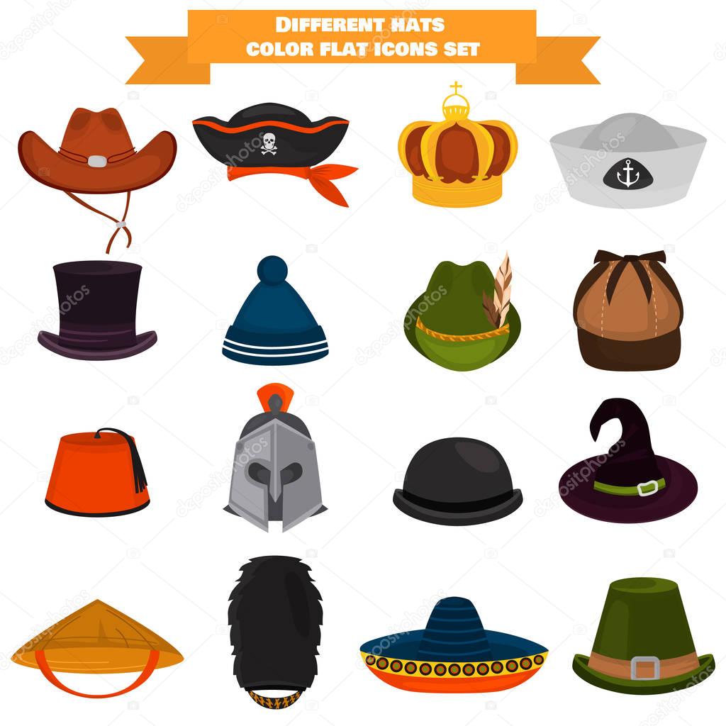 Set of different hats color flat icons
