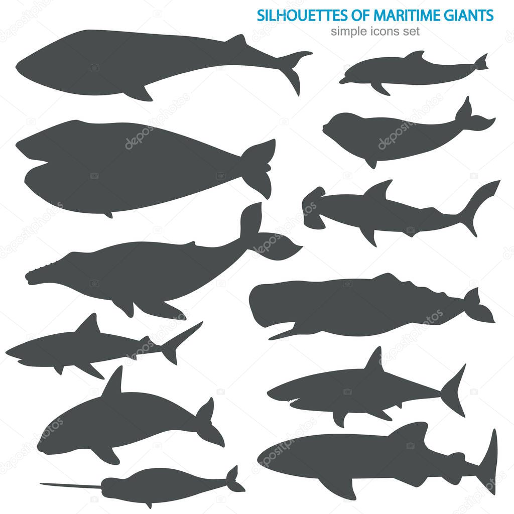 Set of giant inhabitants of the sea depths silhouette icons