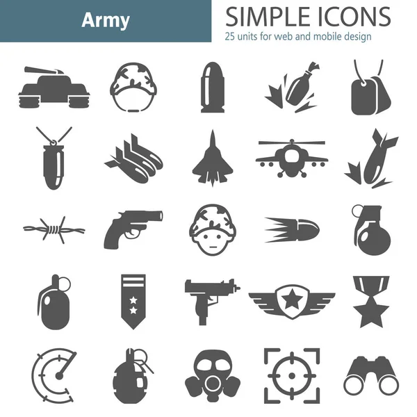 Armén och militära enkla ikoner set — Stock vektor