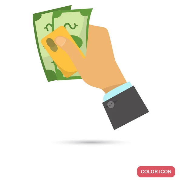 Dinero y tarjeta de crédito en la mano del hombre de negocios icono plano de color — Vector de stock