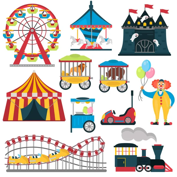 Conjunto de ícones planos de cor de elementos de parque de diversões —  Vetores de Stock