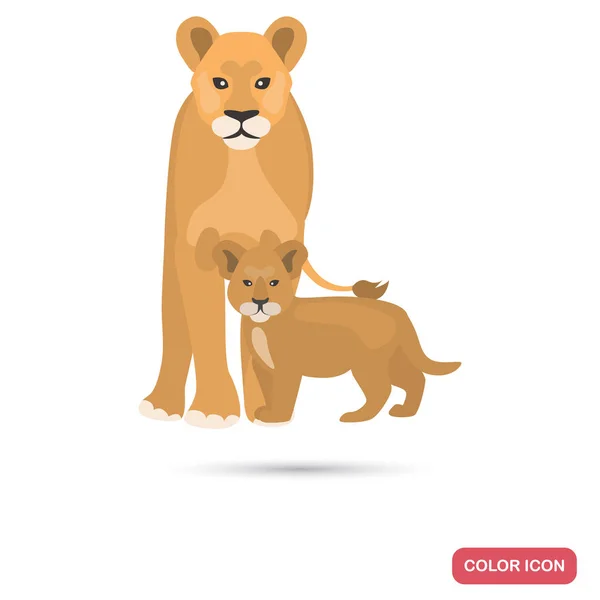 Ícone liso de cor de leoa e filhote —  Vetores de Stock