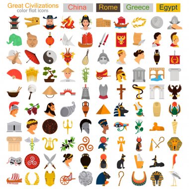 Dört büyük uygarlıkların düz Icons set renk