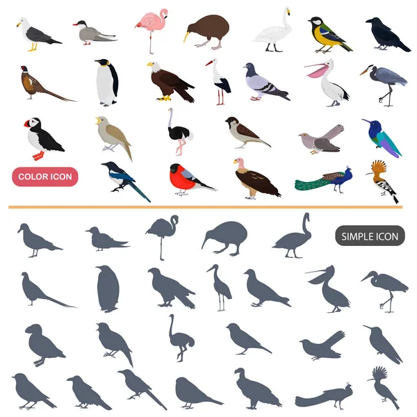 Vlakke en eenvoudige vogels pictogrammen Kleurset — Stockvector