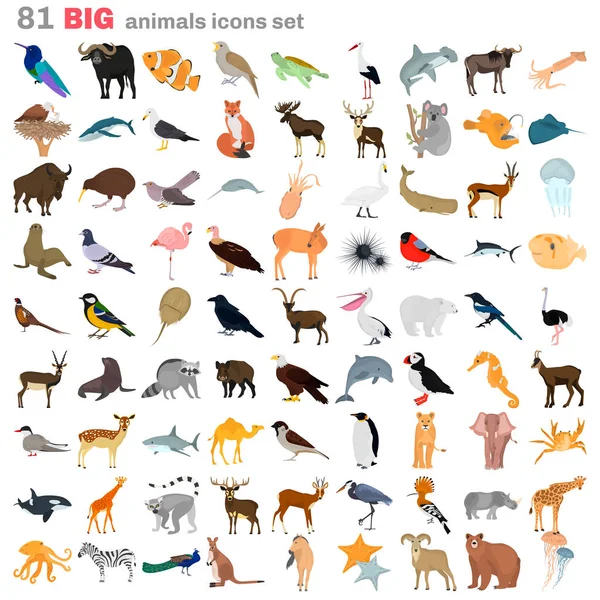 Grote dieren kleur platte icons set — Stockvector