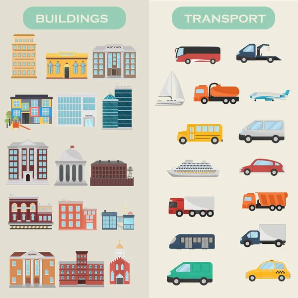 Elementos de construção da cidade e elementos de transporte conjunto de ícones planos de cor — Vetor de Stock