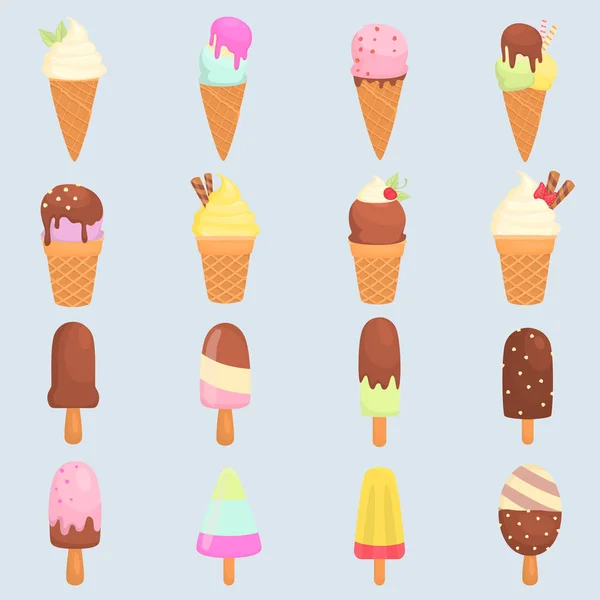 Diferentes gostos de sorvete cor plana ícones conjunto — Vetor de Stock