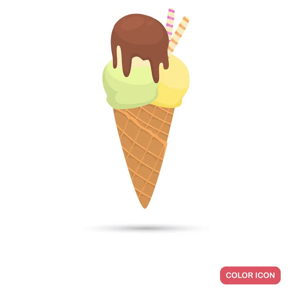 Cono de helado de tasre mixto con icono plano de color chocolate — Vector de stock