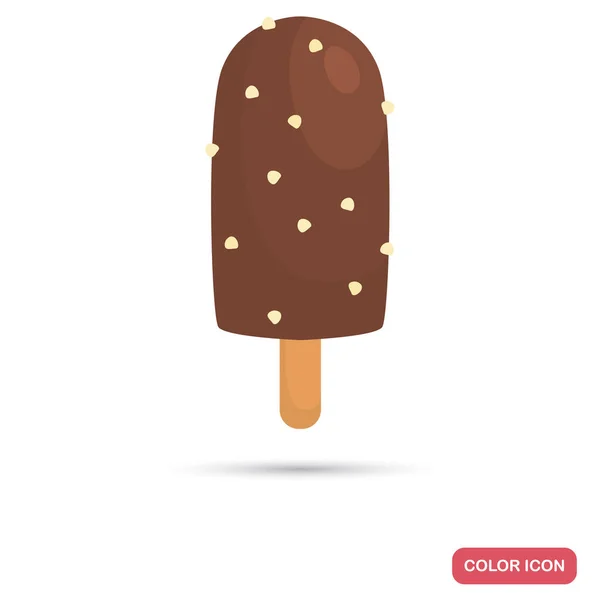 Helado de chocolate con nueces en el icono plano de color palo — Vector de stock