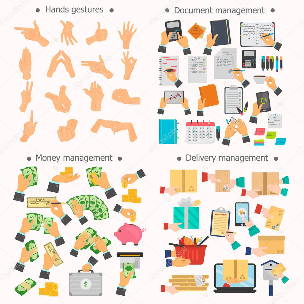 Hands manipulation, delivery, document management, money management color flat icons set