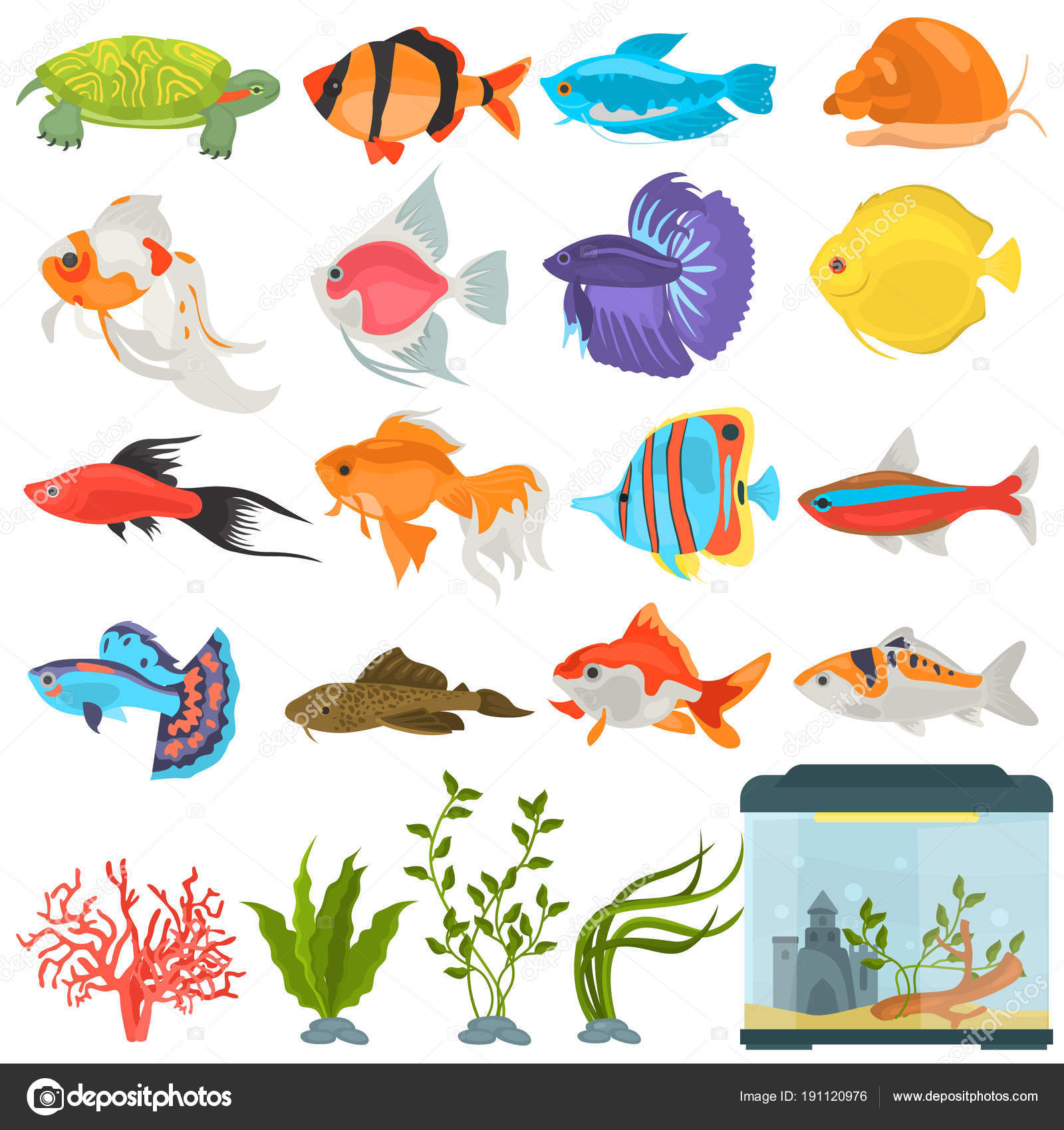 Aquarium flora and fauna flat icons Stock Illustration by ©lynxvector #191120976